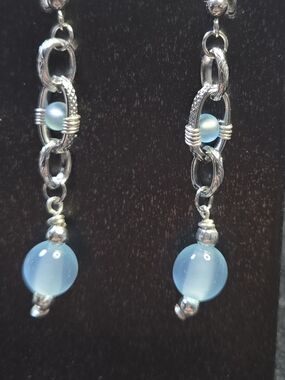 Silver-Tone Drop Earrings with Light Blue Beads